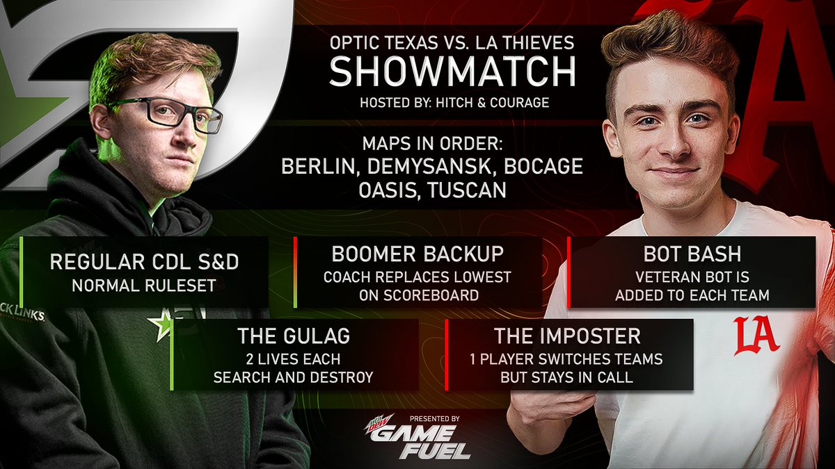 hitchariide's tweet photo. OpTic vs. LA Thieves SHOWMATCH presented by @GameFuel 

5 games
5 different rules

This should be AMAZING content. 

all casted by myself and @CouRageJD 

STARTS IN 3O MINUTES ! https://t.co/61etHJcJ0L