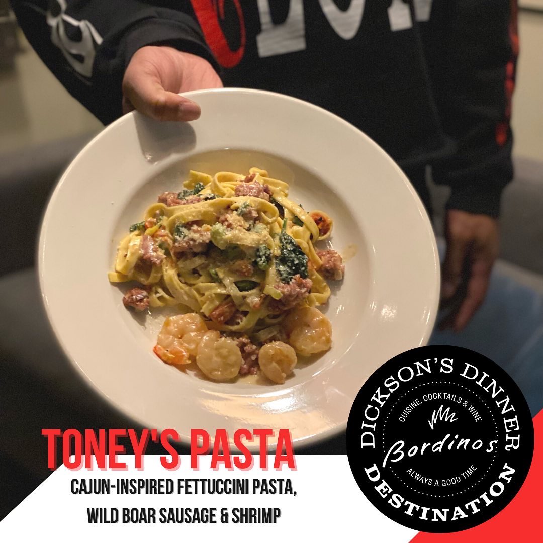I've partnered with @Bordinos to create my very own dish - Toney's Pasta! Cajun-style house made fettuccine with wild boar sausage (see what we did there?) and shrimp. Ask for it next time you come! #iykyk #bordinos #howisit #dickson #fayettevillear #arkansas #basketball #nil