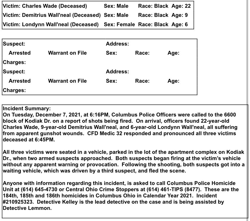 Columbus Division of Police (@columbuspolice) on Twitter photo TRIPLE HOMICIDE UPDATE:
2 children & an adult were gunned down on 12/7/21. The suspects were aware they were shooting at kids.
Attached are photos of the suspect vehicle.
Info-please contact Det. Kelley at tkelley@columbuspolice.org 614-645-4730 or <a href="/OhioCrime/">Central Ohio Crime Stoppers</a> 614-461-TIPS TRIPLE HOMICIDE UPDATE:
2 children & an adult were gunned down on 12/7/21. The suspects were aware they were shooting at kids.
Attached are photos of the suspect vehicle.
Info-please contact Det. Kelley at tkelley@columbuspolice.org 614-645-4730 or <a href="/OhioCrime/">Central Ohio Crime Stoppers</a> 614-461-TIPS