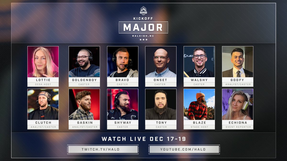 Can't have a kickoff without a stacked Talent line-up! We're excited to reveal the crew that will bring you the action at <a href="/HCS/">Halo Esports</a> Raleigh 2021!

<a href="/Praagy08/">Lottie Van-Praag</a> 
<a href="/GoldenboyFTW/">Goldenboy 🇵🇷</a> 
<a href="/Brav/">Andy "Bravo" Dudynsky</a>
<a href="/OnsetMTH/">Onset</a>
<a href="/Walshy/">Walshy</a>
<a href="/DanGaskin/">Gaskin</a>
<a href="/Wes_Clutch/">Wes Price</a>
@TheShyway
<a href="/GGoofy/">Faisal Khan</a>
<a href="/YNOT_B_RECKLESS/">YNOT B CASTING 🎙️</a>
<a href="/GuyBlazeLive/">Guy Blaze</a>
<a href="/Lady_Echidna/">Jenn</a>