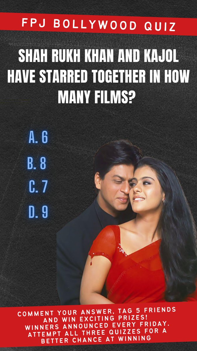 fpjindia's tweet photo. #FPJContestAlert 📢

🎁Take the #FPJBollywoodQuiz! Comment the right answer and win exciting prizes! 🏆

♦️The contest ends at 3 pm today!
♦️ Follow us and use the #FPJBollywoodQuiz and tag 5 friends to win! 

#Prize @DharmaMovies @iamsrk @itsKajolD 

📲https://t.co/D95NZEyAVO https://t.co/beJJYoHm3s