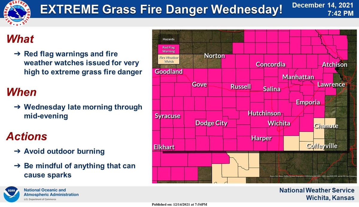 MulvaneFire's tweet photo. A Red Flag Warning has been issued for out area tomorrow. Due to very strong winds, low humidity, record high temps, and very dry fuel loads, there is potential for extreme fire behavior if a fire starts. https://t.co/paYGj20kfp