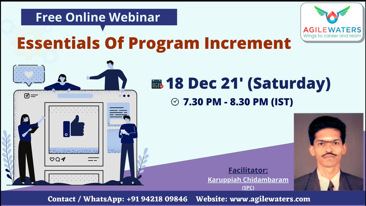 AgilewatersCo's tweet photo. Free Online Webinar By Agilewaters: Essentials Of Program Increment
For Registration: https://t.co/whByyss37K

For any more information please visit: https://t.co/v9YZZvu2T5
Contact / WhatsApp: +91 9421809846

#safe5 #safeagilist #safeagile #safetraining #safetransformation https://t.co/jYQPKAImlq
