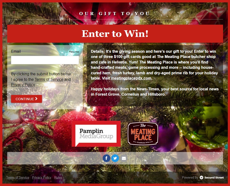 It's the season of giving, and we're going to award three lucky winners a $100 gift card to The Meating Place butcher shop and café in Helvetia!

pamplinportland.secondstreetapp.com/News-Times1/