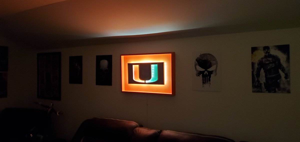 GhostRises's tweet photo. Here's my new #GameCave #ManCave custom built light! #TheU #MiamiHurricanes 

I made it out of wood and LED lighting. The U in the center hangs for a 3D effect. https://t.co/mcNybe3T1m