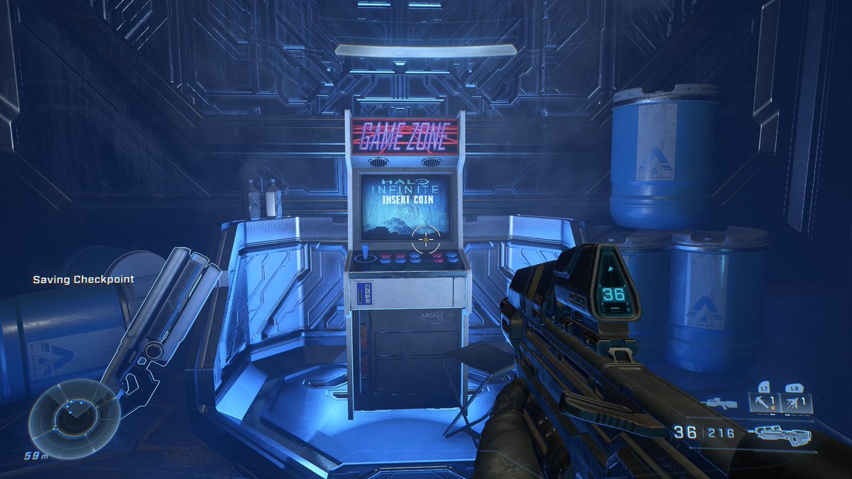 ConsumedMoss's tweet photo. Who's got a quarter?  #HaloInfinite #HaloInfinitecampaign #Xbox20 #EasterEggs #PC #Crossplay #oldschool #arcade https://t.co/ZEUOmLHox7