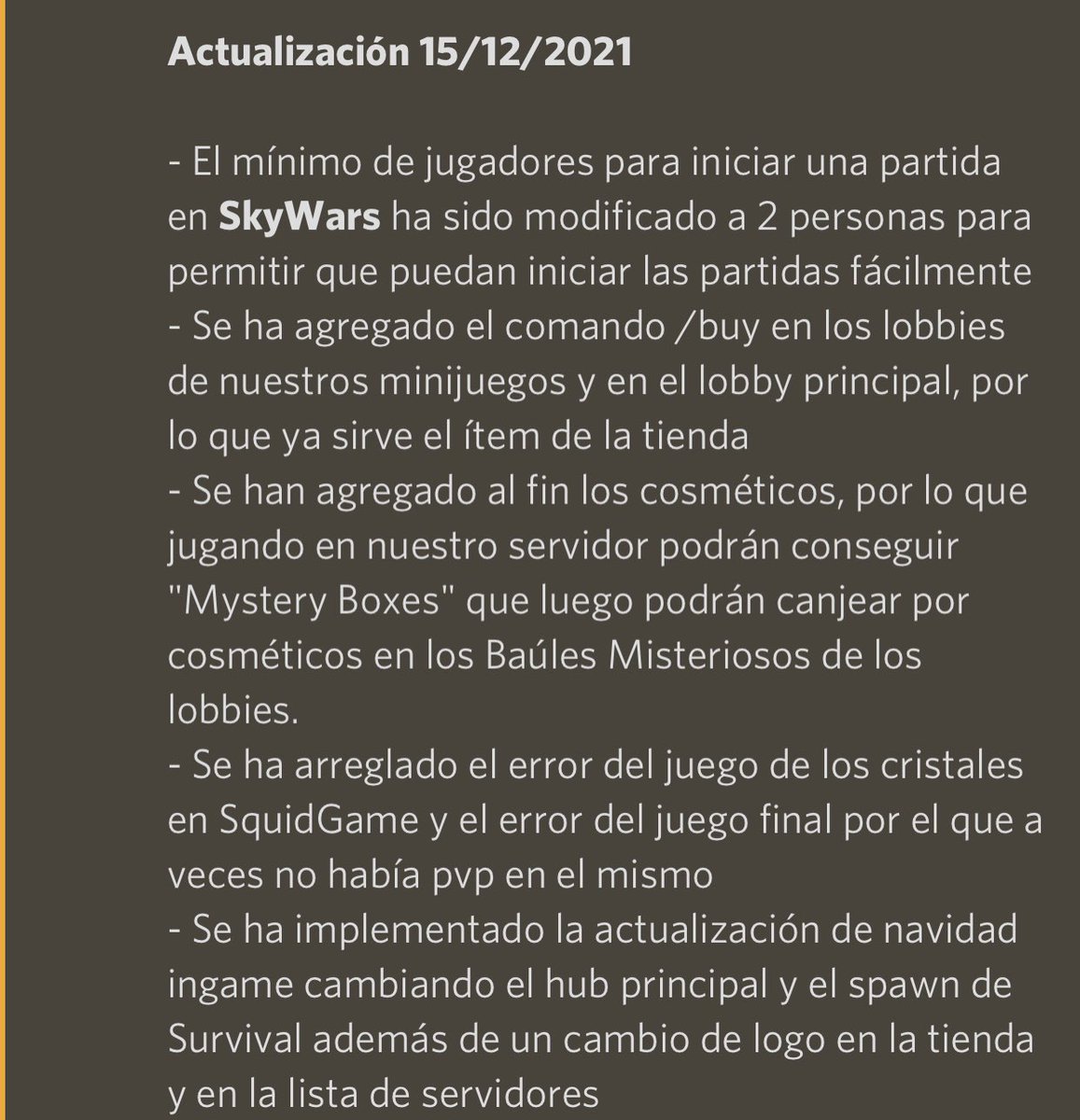 Ya puedes jugar nuestro #skywars tras tanto tiempo sin errores y sin miedo a alcanzar el mínimo de jugadores, pues ahora las partidas inician con tan solo 2 personas

IP: mc.onlymc.us