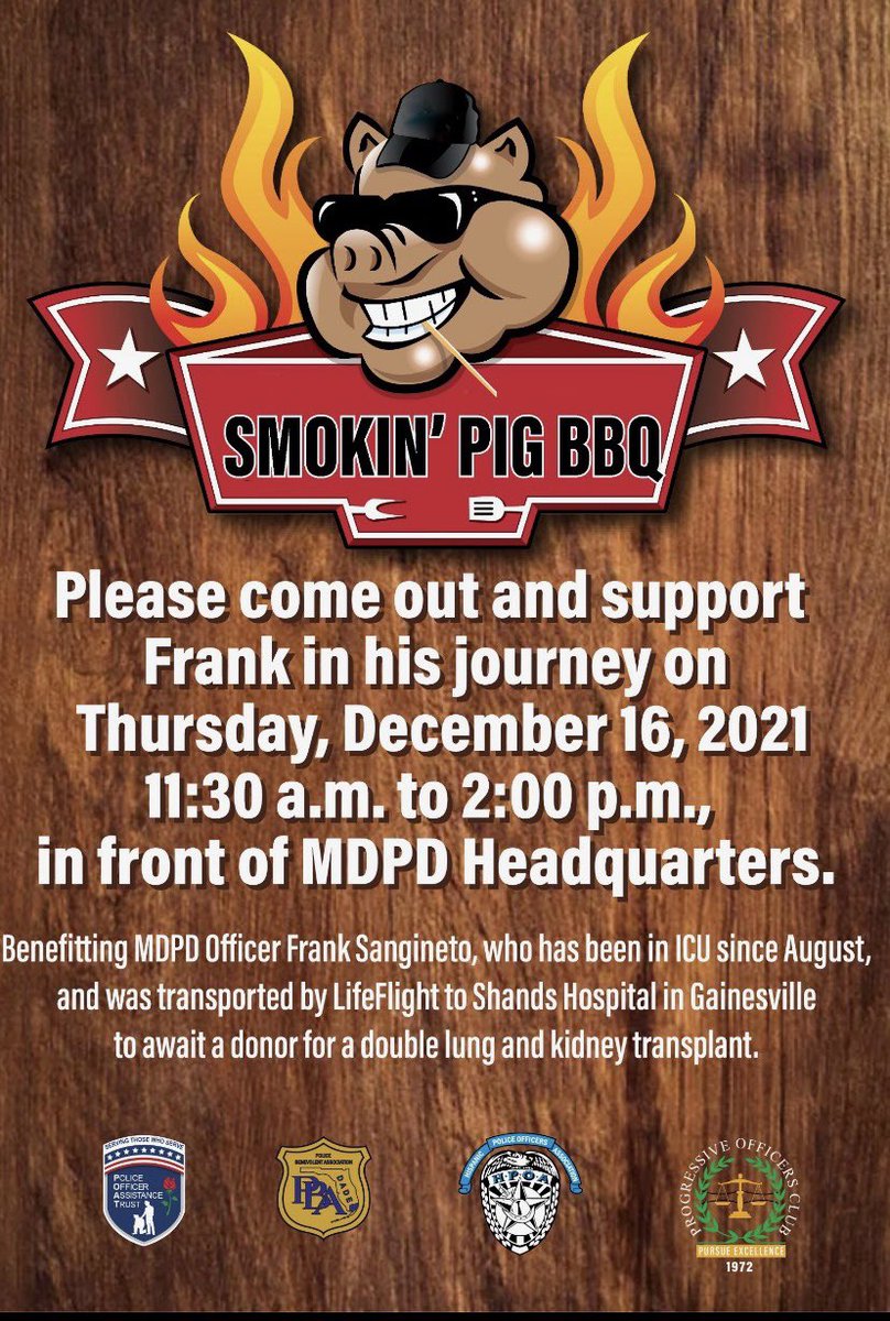 SenReneGarcia's tweet photo. A Heartfelt thank you to all the host of this BBQ in support of Officer Frank Sangineto. Frank was transported by Life Flight last Thursday to Shands Hospital in Gainesville where he awaits a double lung and kidney transplant. Please continue to pray for Frank. #frankstrong https://t.co/6TCXGxBOvD