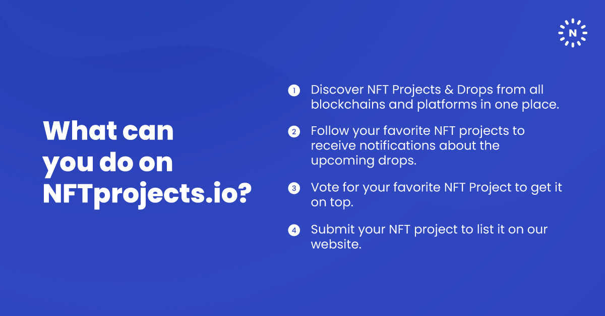 NFTprojects's tweet image. Do more on NFTprojects.io

1️⃣Discover NFT Projects &amp;amp; Drops in one place.
2️⃣Follow your favorite #NFTprojects to receive notifications about the upcoming drops.
3️⃣Vote for your favorite #NFTProject to get it on top.
4️⃣Submit your #NFT project to list it on our website