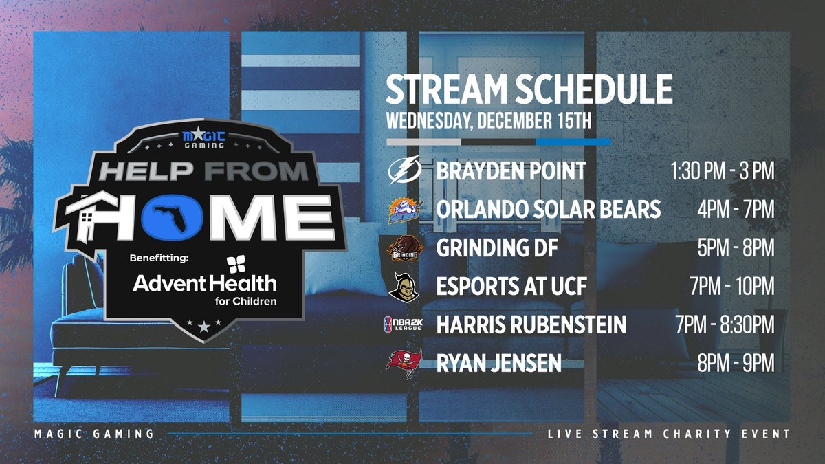 MagicGaming's tweet photo. Introducing your Help From Home stream schedule! ๐ฅ๏ธ
Be sure to stop by throughout the day and help us make a difference for the kids! ๐
@AdventHealth | #HelpFromHome https://t.co/ZpbwXxmwfV