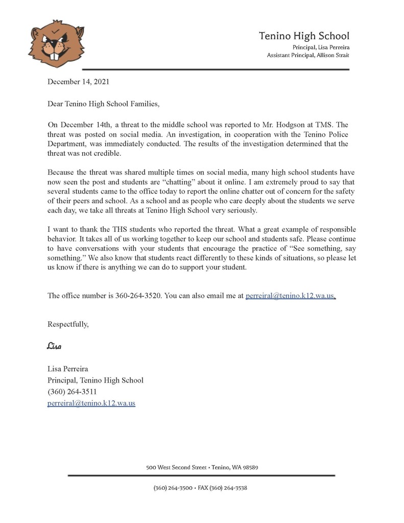 TeninoSD's tweet photo. Good Evening,

Please see the letter below from Mrs. Perreira regarding a rumored threat that is going around on Social Media Platforms. https://t.co/SqOpquZXzF