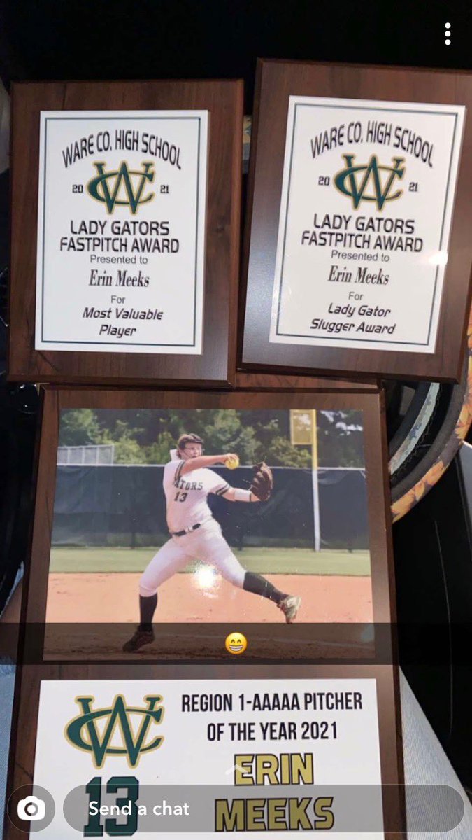 Very proud of our junior pitcher, Erin Meeks! Not only did she receive Pitcher Of The Year Award for Region 1-AAAAA, but she also received the MVP award and Slugger Award for her team! Awesome job Erin! Ware County is very lucky! We are so proud of you! Don’t miss this kid!! 🥎🐊