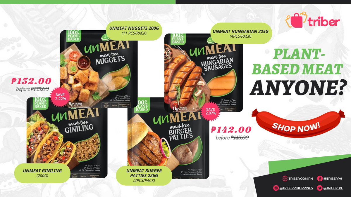 Triber_PH's tweet photo. Calling out all vegan Tribers! Plant-based meats are available on Triber now. For a healthy and guilt free way to enjoy your dishes! 😇

Get yours now! 🛒
https://t.co/rDgUACITUE https://t.co/nlQvKCStCl