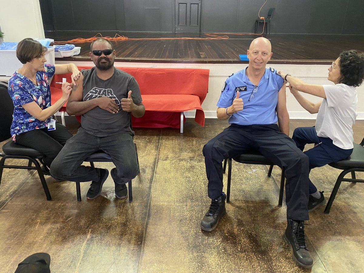 COVID Clinic @ Cue Shire Hall. Local Resident Quentin Little stepped up to the plate to be vaccinated along side Sgt Mark Williams who was receiving his booster. #VacinateWa #RollUpForWA #FB