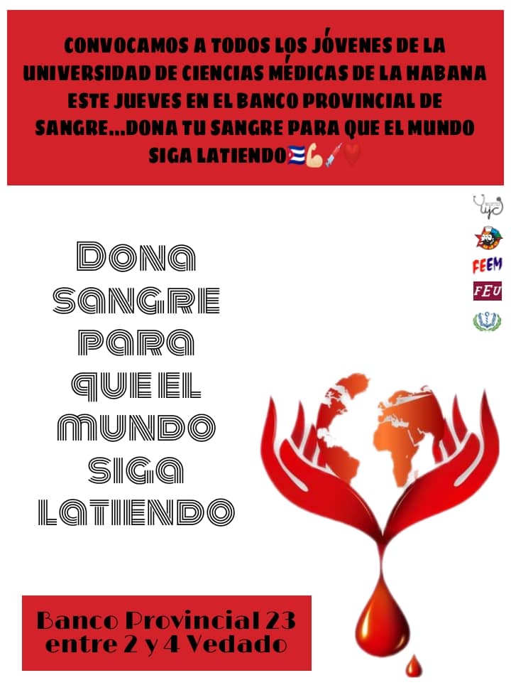 TE ESPERAMOS ESTE JUEVES EN EL BANCO PROVINCIAL DE SANGRE....

      Dona Tu Sangre para que el Mundo siga Latiendo ❤️💉🙏🏻🇨🇺

#CubaSalva 
#CubaVive
<a href="/MINSAPCuba/">Ministerio de Salud Pública de Cuba</a> 
<a href="/DiazCanelB/">Miguel Díaz-Canel Bermúdez</a> 
<a href="/DrRobertoMOjeda/">Dr. Roberto Morales Ojeda</a>
