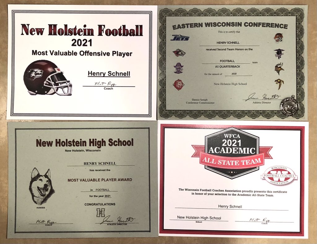 HenrySchnell3's tweet photo. I’m honored to have won Team MVP, Offensive MVP, 2nd Team All Conference Quarterback, and Academic All State. Big thanks to my teammates and coaches...couldn’t have done it without you guys. I would also like to thank my family for being there every step of the way. #huskies https://t.co/MQxoXxA4Js