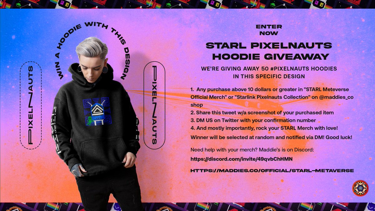 WE’RE GIVING AWAY 50 #PIXELNAUTS HOODIES!

Rules:
1. Purchase $10 OR MORE of STARL items @maddies_co
2. Share this tweet w/screenshot of your purchased item
3. DM US your confirmation #
The Winner will be selected at random and notified via DM

rebrand.ly/4gkzl31
https://discord.com/invite/49qvbChHMN
https://starl-docs.gitbook.io/starl-metaverse-documentation/starl-merchandise