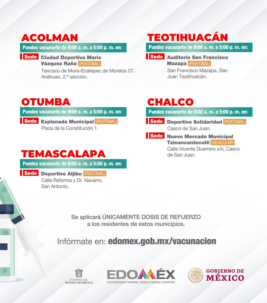 El 15 y 16 de diciembre aplicaremos la dosis de refuerzo a los adultos mayores en #Acolman, #Otumba, #Temascalapa, #Teotihuacán y #Chalco. #EstrategiaDeVacunación