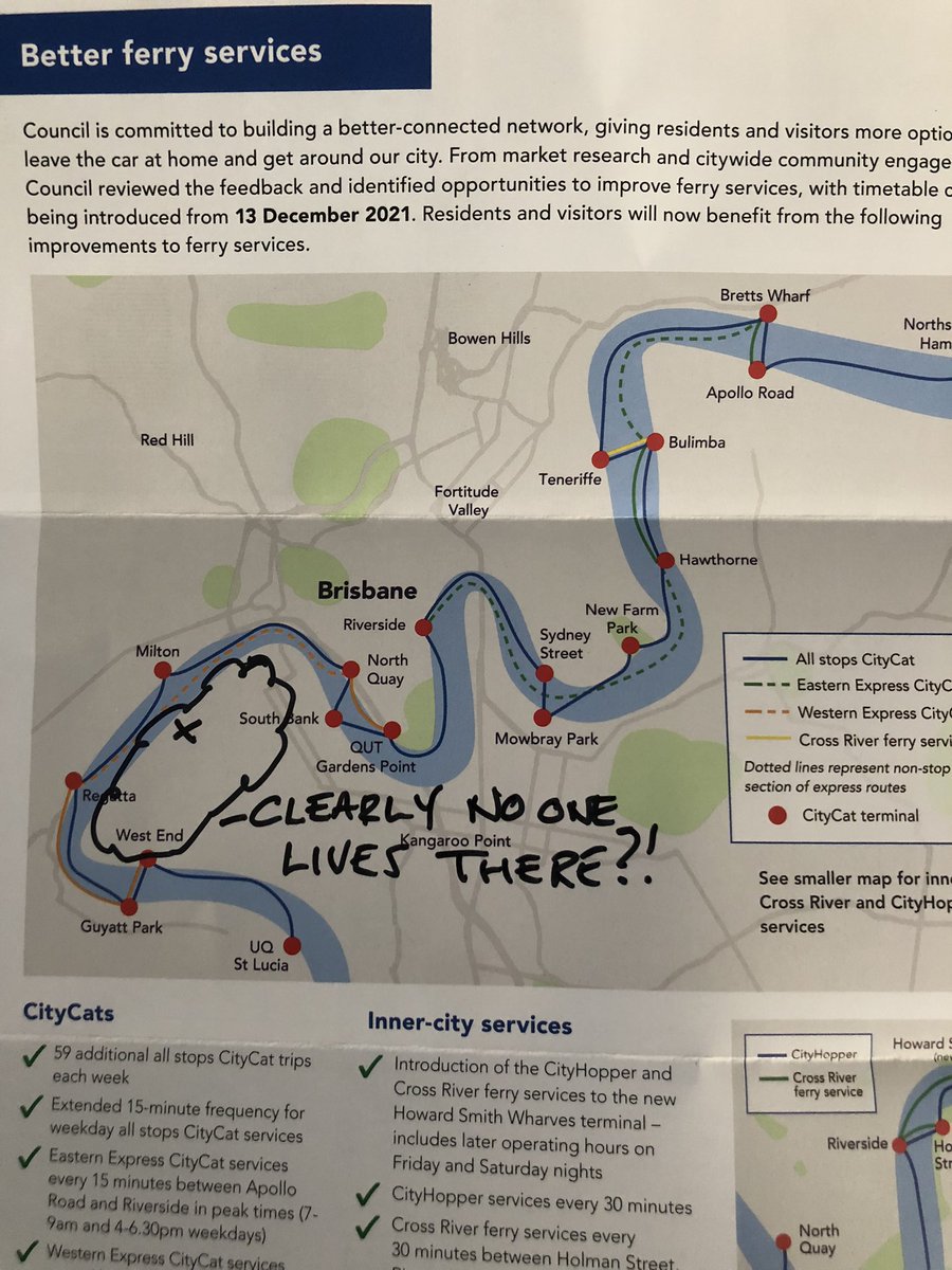 Brufafa's tweet photo. Thanks @bne_lordmayor for improving the ferry service for people that can already access it. 3km journey for a 200m river #integratedtransport https://t.co/DmhfqoecJM