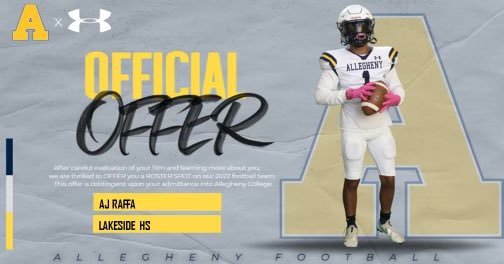 I just wanted to say thank you for an official offer from Allegheny college. I was blessed to be able to sit down with @CoachJCessna  and truly know what the football culture and campus life is about!!