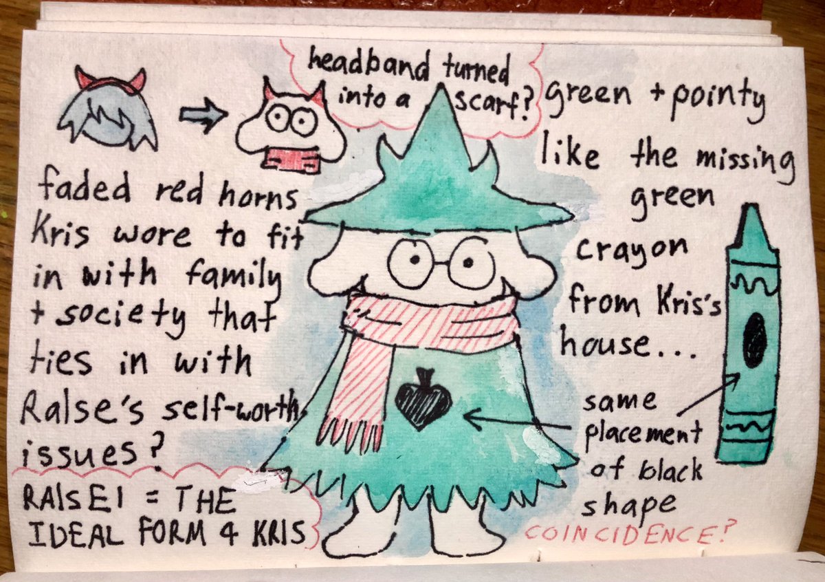my extra thoughts on ralsei's character design and what it could be telling us…….I'm slightly partial to the "Ralsei is the missing green crayon" theory too so I included it as well. Wonder if it could just be symbolic or pure coincidence he resembles the missing green crayon https://t.co/EBgzFnFiWN 