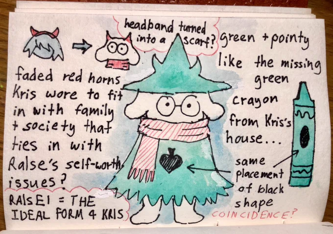 my extra thoughts on ralsei's character design and what it could be telling us…….I'm slightly partial to the "Ralsei is the missing green crayon" theory too so I included it as well. Wonder if it could just be symbolic or pure coincidence he resembles the missing green crayon https://t.co/EBgzFnFiWN 