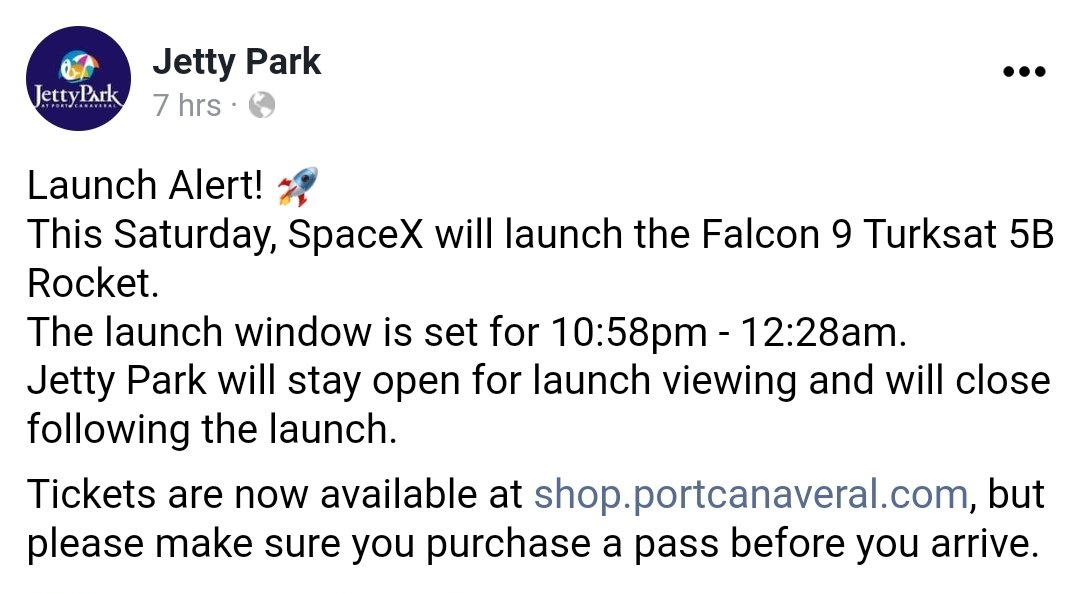 julia_bergeron's tweet photo. 🚀 Rare weekend night launch viewing at Jetty Park for the upcoming Turksat 5B mission. https://t.co/TiMe5OzHh5