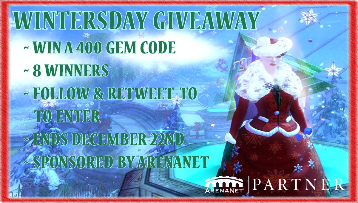 AngryZorric's tweet image. Wintersday has arrived in @GuildWars2! Let's celebrate by giving away some cheer!

8 400 Gem Codes up for grabs!
Follow and Retweet to enter!
Giveaway ends December 22nd at 9pm CST (GMT-6)!
Sponsored by @ArenaNet!
#GuildWars2 #GW2