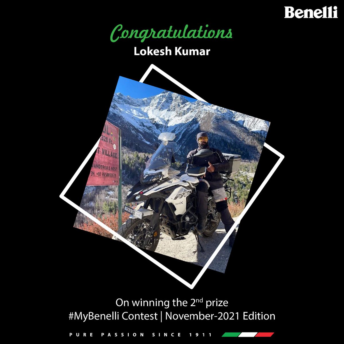 BenelliIndia's tweet image. Congratulations!!! Mr Lokesh Kumar @lokesh_beardo you have secured 2nd place in the #MyBenelli NOV-2021 Edition. We wish you do many more miles on your Benelli and create a lifetime of memories!! #SecondWinner #2Winner #Benelli #Chandigarh #BenelliChandigarh #BenelliIndia #India