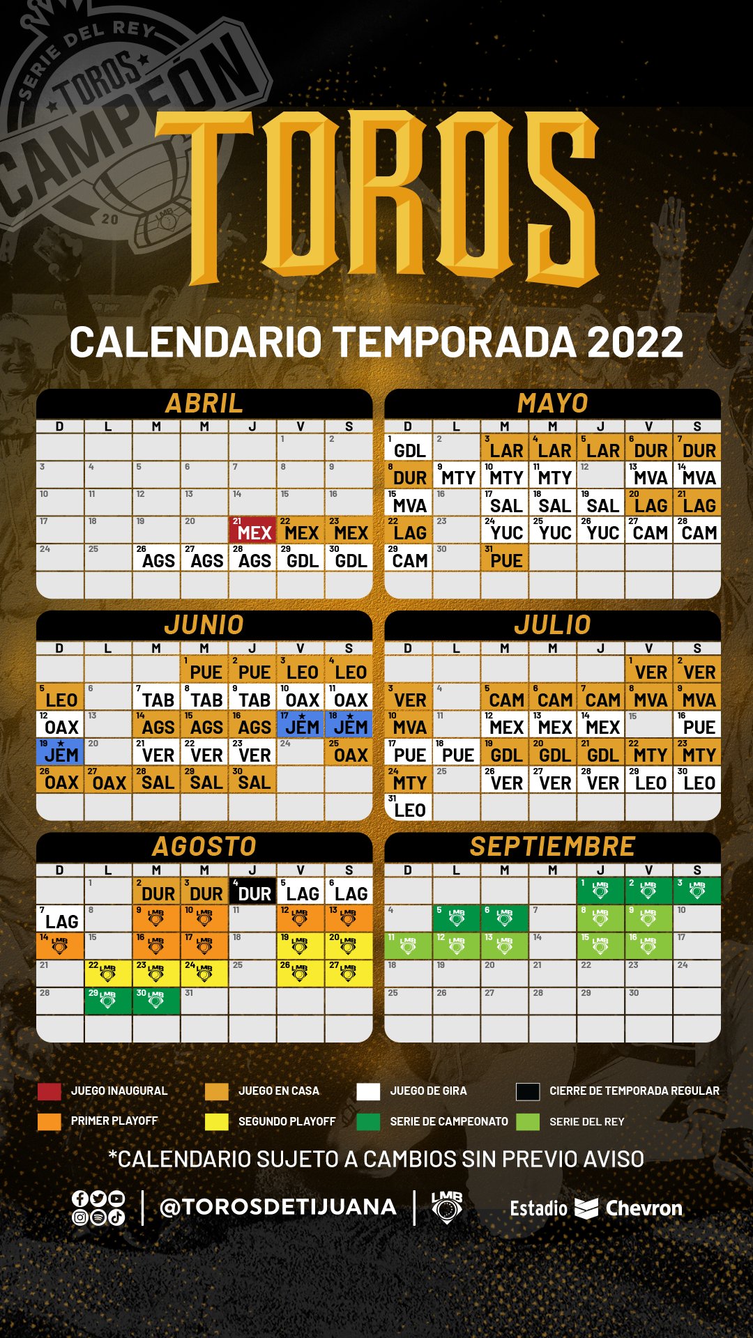 Toros De Tijuana 🏆 on Twitter "🚨 CALENDARIO OFICIAL 2022 🚨 ¡Esta será