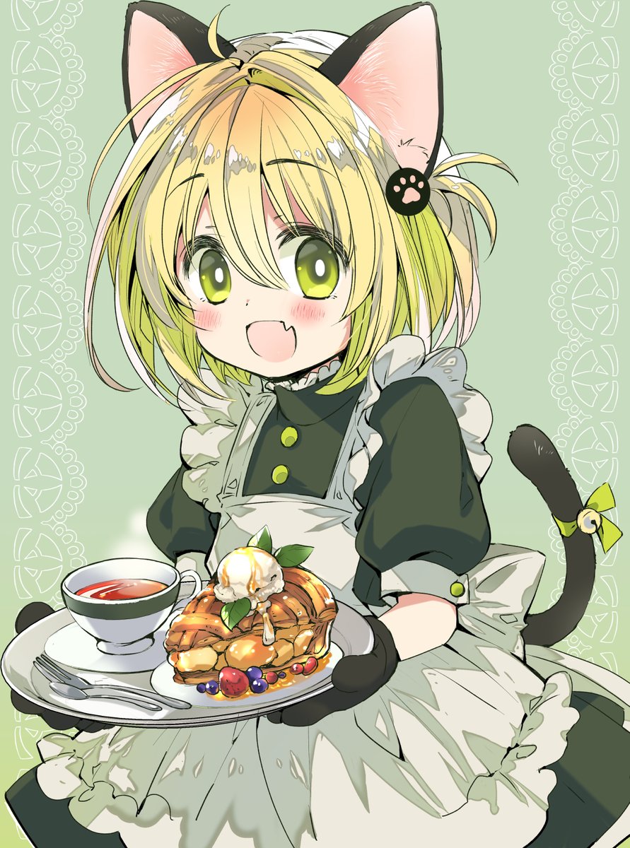1girl animal ears tail cat ears fang cat tail green eyes  illustration images