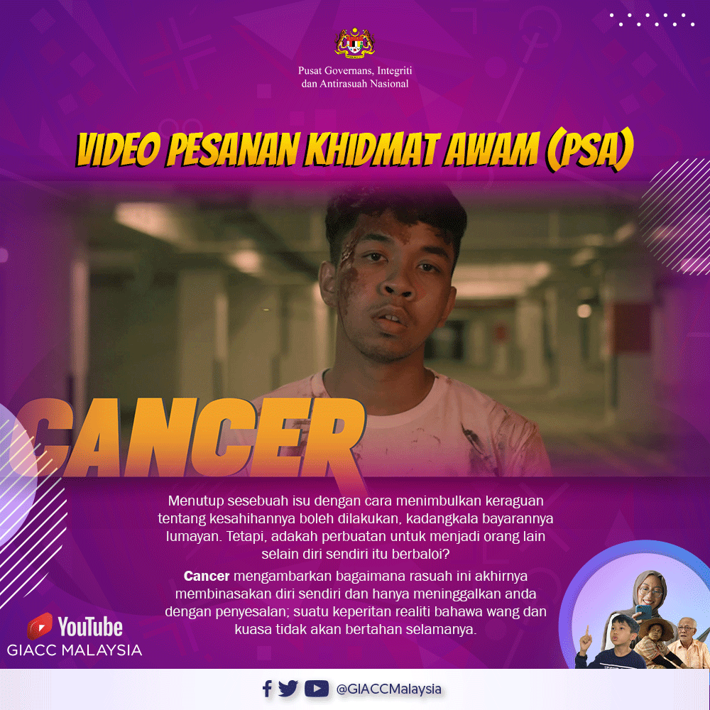 CANCER bakal menemui anda pada jam 12 tengah hari, hanya di saluran YouTube GIACC:
youtu.be/eAk82quYRjU

Nantikan!
#GIACC #Integriti #Governans #AntiRasuah #Cancer