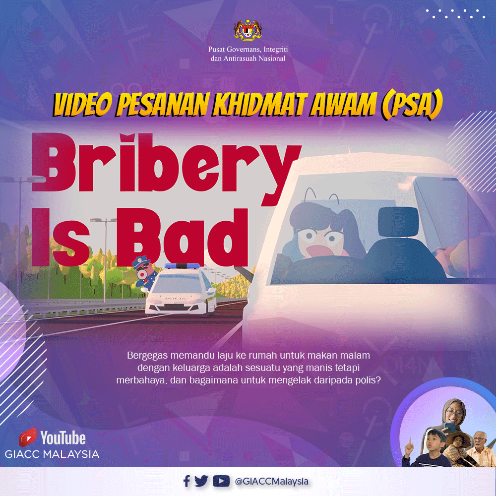 BRIBERY IS BAD bakal menemui anda pada jam 12 tengah hari, hanya di saluran YouTube GIACC:
youtu.be/ebaIzbDB6tc

Nantikan!
#GIACC #Integriti #Governans #AntiRasuah #BriberyIsBad