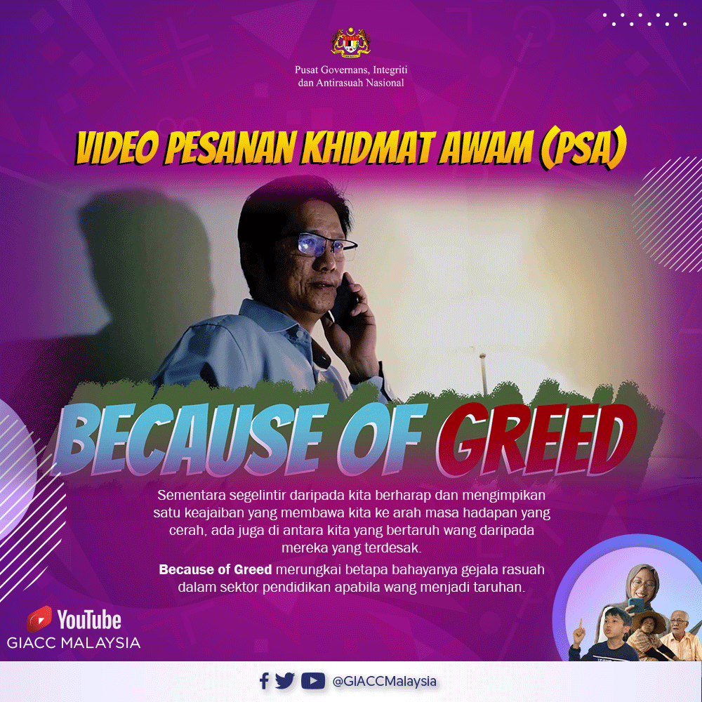 BECAUSE OF GREED bakal menemui anda pada jam 12 tengah hari, hanya di saluran YouTube GIACC:
youtu.be/Fq61osrcsY8

Nantikan!
#GIACC #Integriti #Governans #AntiRasuah #BecauseOfGreed