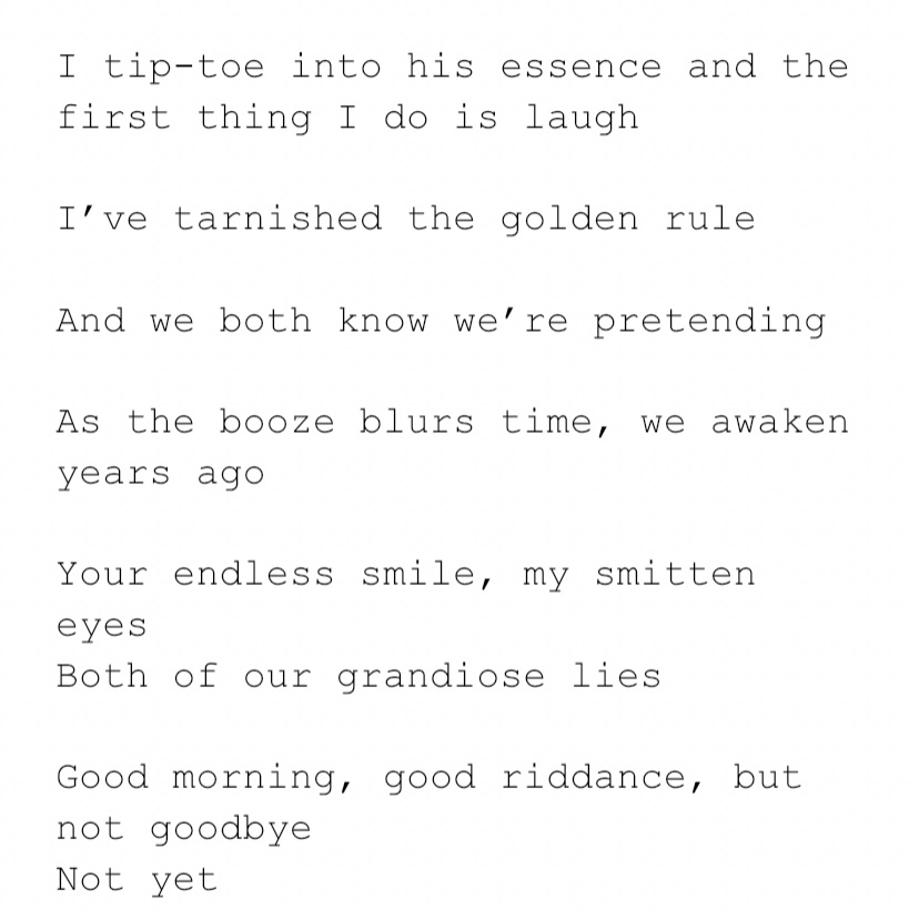 camilliojo's tweet photo. your endless smile, my smitten eyes
both of our grandiose lies
good morning, good riddance
but not goodbye

...not yet https://t.co/eEwARl8Hit