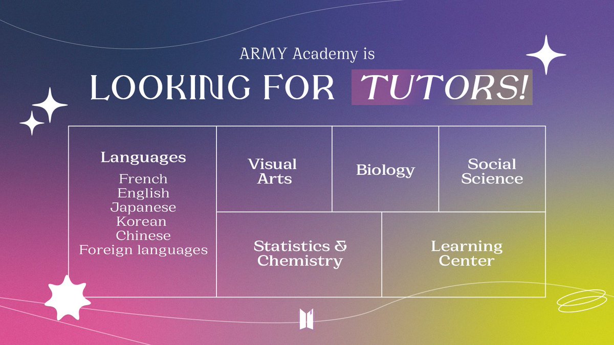 Become an ARMY Academy tutor! 

If you're interested in helping fellow ARMYs with academics, our tutor applications are finally open! Make friends, help others, and have fun with us. Application below💜

Please RT <a href="/BTS_twt/">방탄소년단</a>