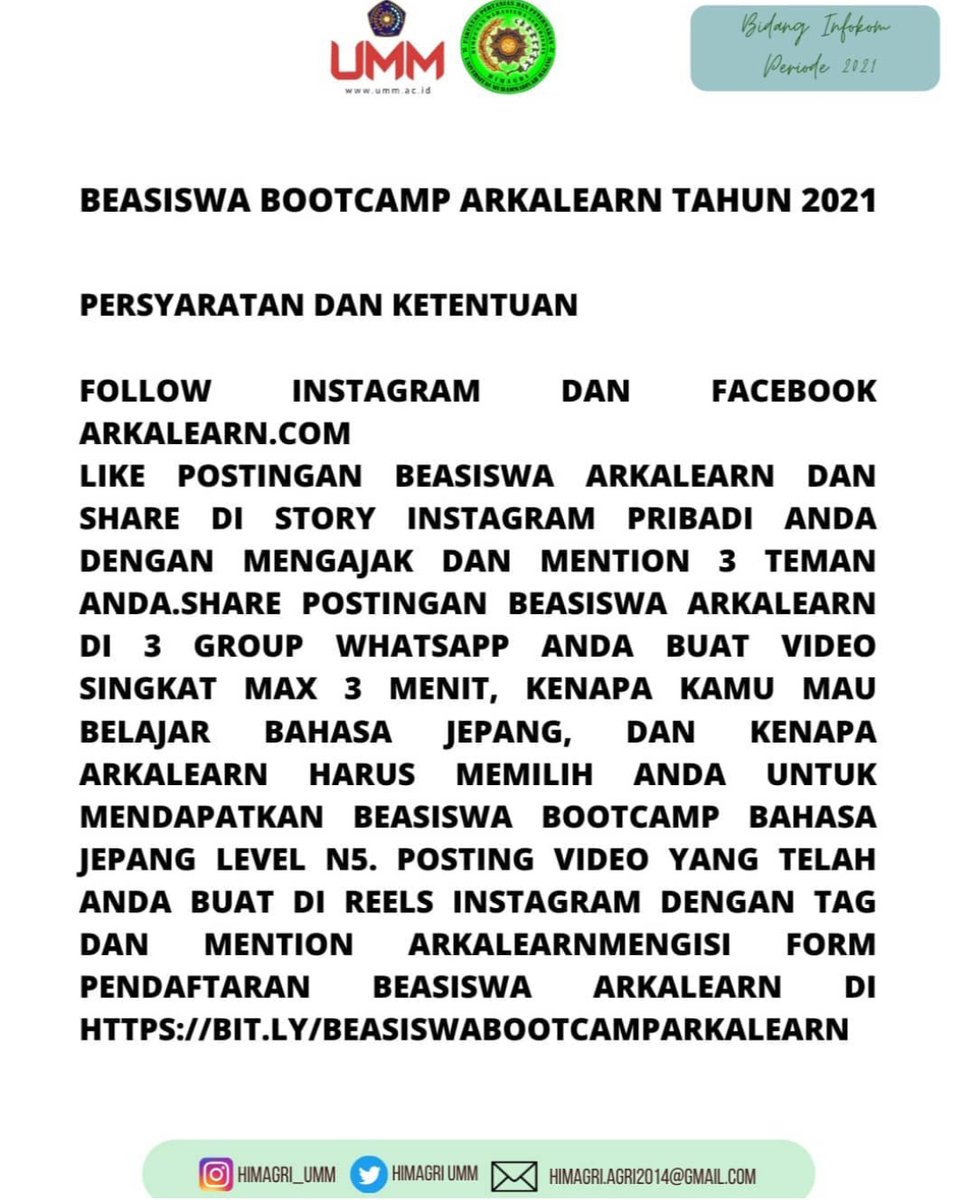 HimagriUMM's tweet photo. Beasiswa Bootcamp ArkaLearn 2021
. 
Benefit 
Beasiswa full/free pas untuk Bootcamp bahasa Jepang level N5 bimbingan dari mentor/ExpertUndangan mengikuti job interview diperusahaan Jepang (jika memenuhi semua pepersyarata. J https://t.co/NYtgm2S1ml