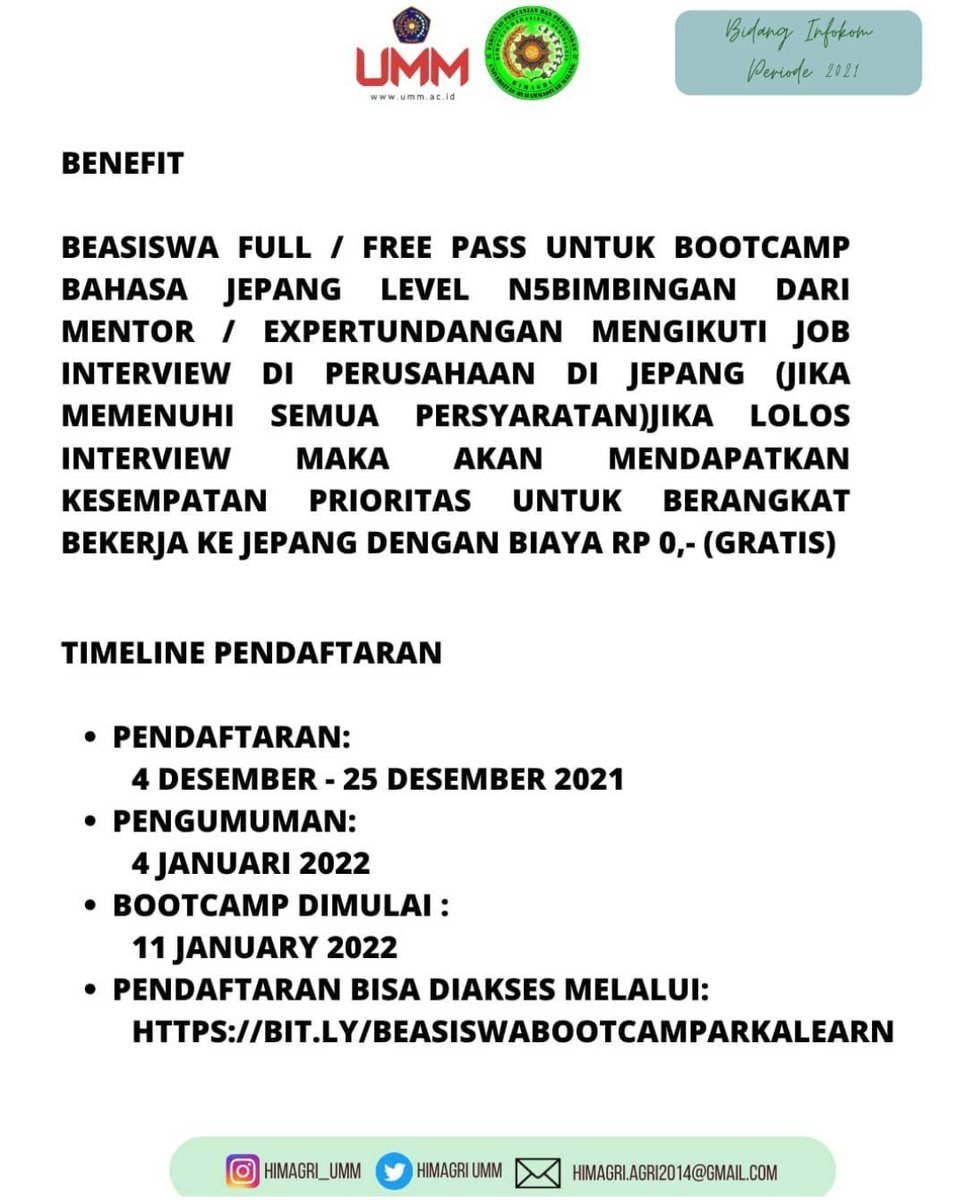 HimagriUMM's tweet photo. Beasiswa Bootcamp ArkaLearn 2021
. 
Benefit 
Beasiswa full/free pas untuk Bootcamp bahasa Jepang level N5 bimbingan dari mentor/ExpertUndangan mengikuti job interview diperusahaan Jepang (jika memenuhi semua pepersyarata. J https://t.co/NYtgm2S1ml