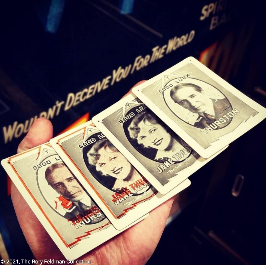 Rory_Feldman's tweet photo. #errorcards of the famous Jane #Thurston throw-out card. On two of the cards you can see the red ink was printed too high -- and on the other two, the red ink was never printed! When I acquired the large collection of these cards, there were several hundred #errorcards in the box https://t.co/HSQ190g4Q7