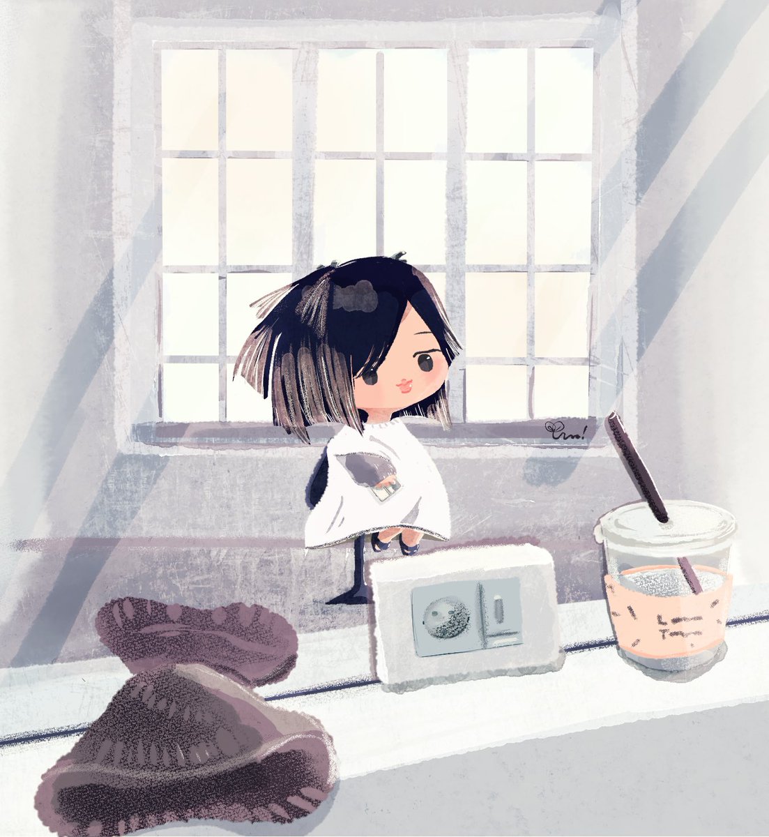 1girl solo black hair window dress white dress chibi  illustration images