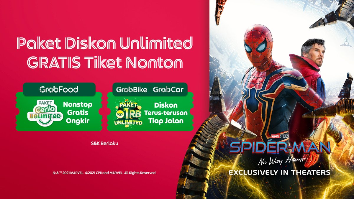 GrabID's tweet photo. BAGI-BAGI 100 TIKET SPIDER-MAN™️: NO WAY HOME CUMA RP 1✨

Berapa musuh Spider-Man yg muncul di trailer?
A. 5
B. 4

👉 Like &amp; reply jawabanmu beserta screenshot pembelian Paket Ceria Unlimited GrabFood atau Paket Rp1rb Unlimited GrabBike/GrabCar
👉sertakan #GrabXSpiderMan 

Cus! https://t.co/dbhgGYGoG6