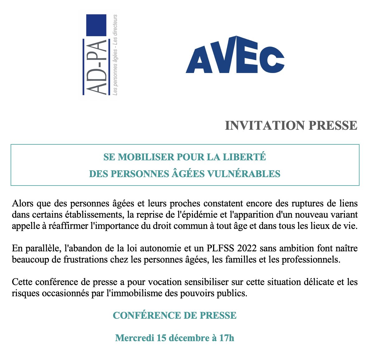 Se mobiliser pour la liberté des personnes âgées vulnérables - Conférence de presse <a href="/AssoAVVEC/">Association AVEC</a> et <a href="/AssociationADPA/">AD-PA</a> aujourd'hui à 17h.