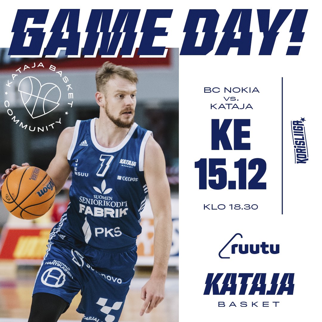 KatajaBasket's tweet photo. 𝐆𝐀𝐌𝐄 𝐃𝐀𝐘 | Nokka kohti Nokiaa ⤴️

Äärimmäisen tärkeä matsi sarjapisteistä Pirkanmaalla.

🏆 @Korisliiga 
🆚 @BCNokia 
📍 Nokian palloiluhalli
📆 15.12.2021
⏰ 17:00
📺 @RuutuUrheilu 

KATAJA! 🗣 #Korisliiga #KatajaCommunity #All41 https://t.co/k5c0WrhYR0