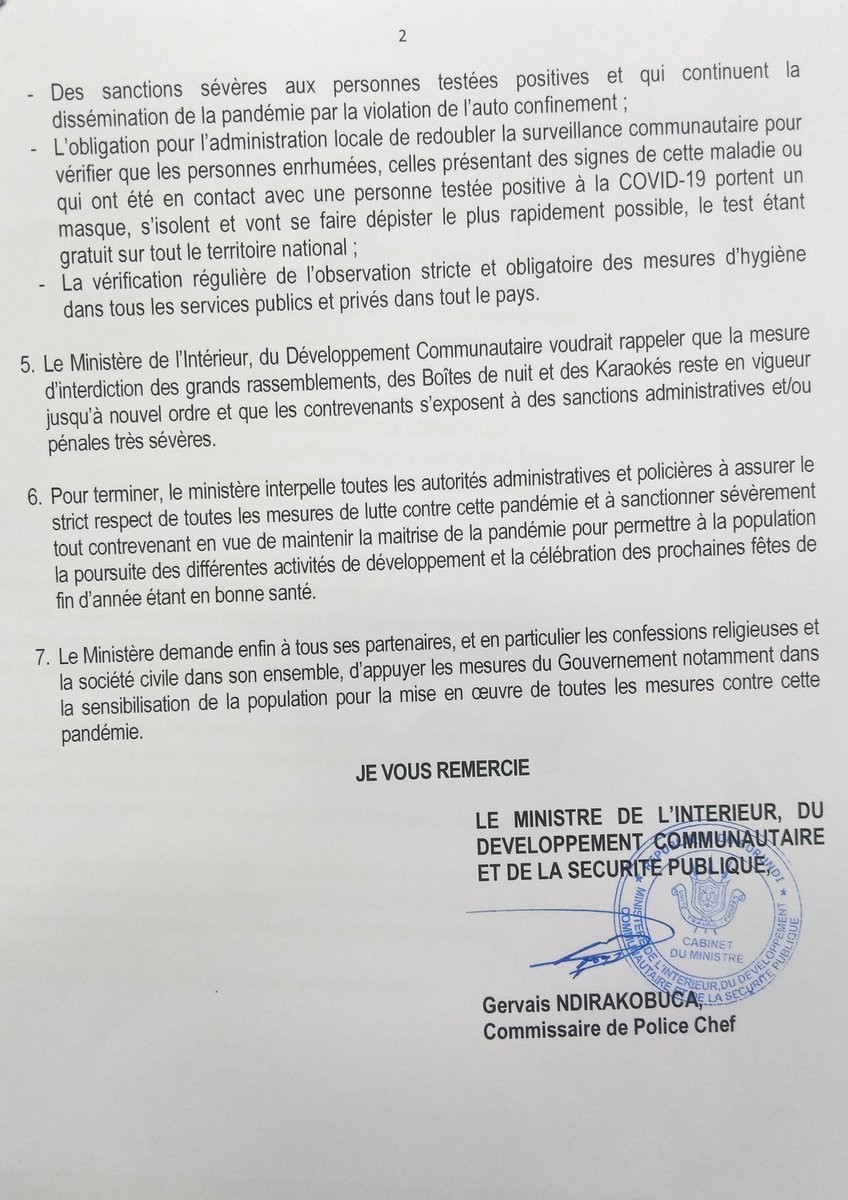 MininterInfosBi's tweet photo. Face à la hausse des cas positifs du #COVID-19 ces derniers jours, @MininterInfosBi rappelle le strict respect des mesures du Gouvernement contre cette pandémie et met en garde les contrevenants (communiqué) https://t.co/R16IbGa4qJ