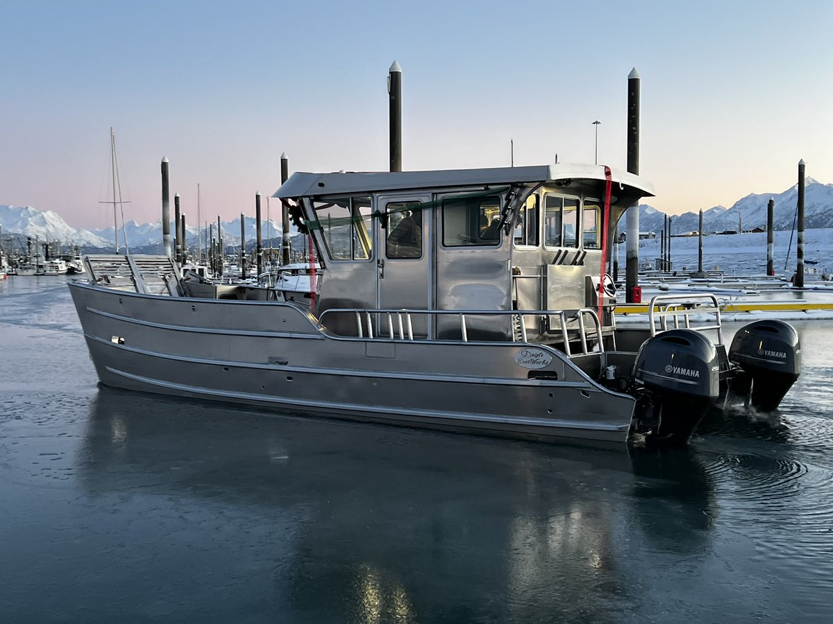 BoatPunk's tweet photo. Launched a new boat design today. Is it a Kachemak Beach Cat or a Landing Cat? #Alaska #Alaskalife #Aluminumboats #catamarans #landingcraft #DaigleBoatworks #DCSAlaska https://t.co/TtY4FS8xT1
