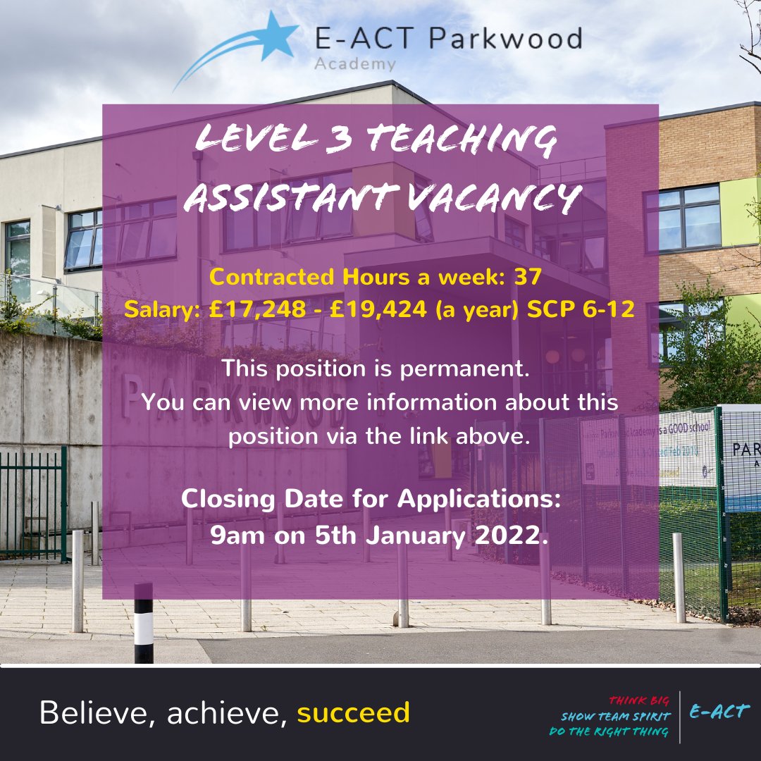 We support and challenge our students to achieve their full potential both in and out of the classroom. Why not make a difference and help with our students' progression.
We are #recruiting for a L3 Teaching Assistant to join our team. #teachingjobs
eact.face-ed.co.uk/Vacancies/Deta…