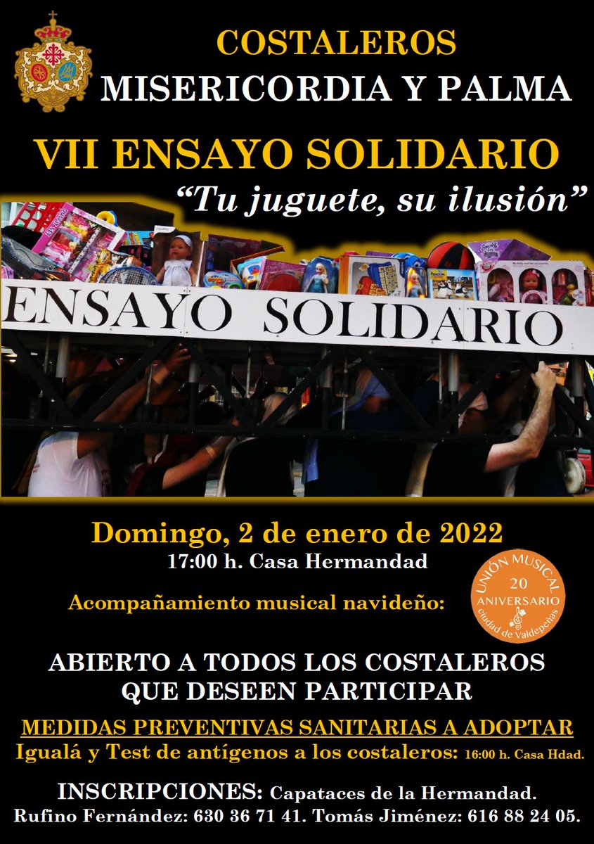 hermandadmyp's tweet photo. Costaleros Misericordia y Palma. VII Ensayo Solidario: "Tu juguete, su ilusión". Domingo, 2 de enero. Incluye medidas preventivas sanitarias para los costaleros.
https://t.co/MSXS9x48zY https://t.co/ZBUmI9D4pa