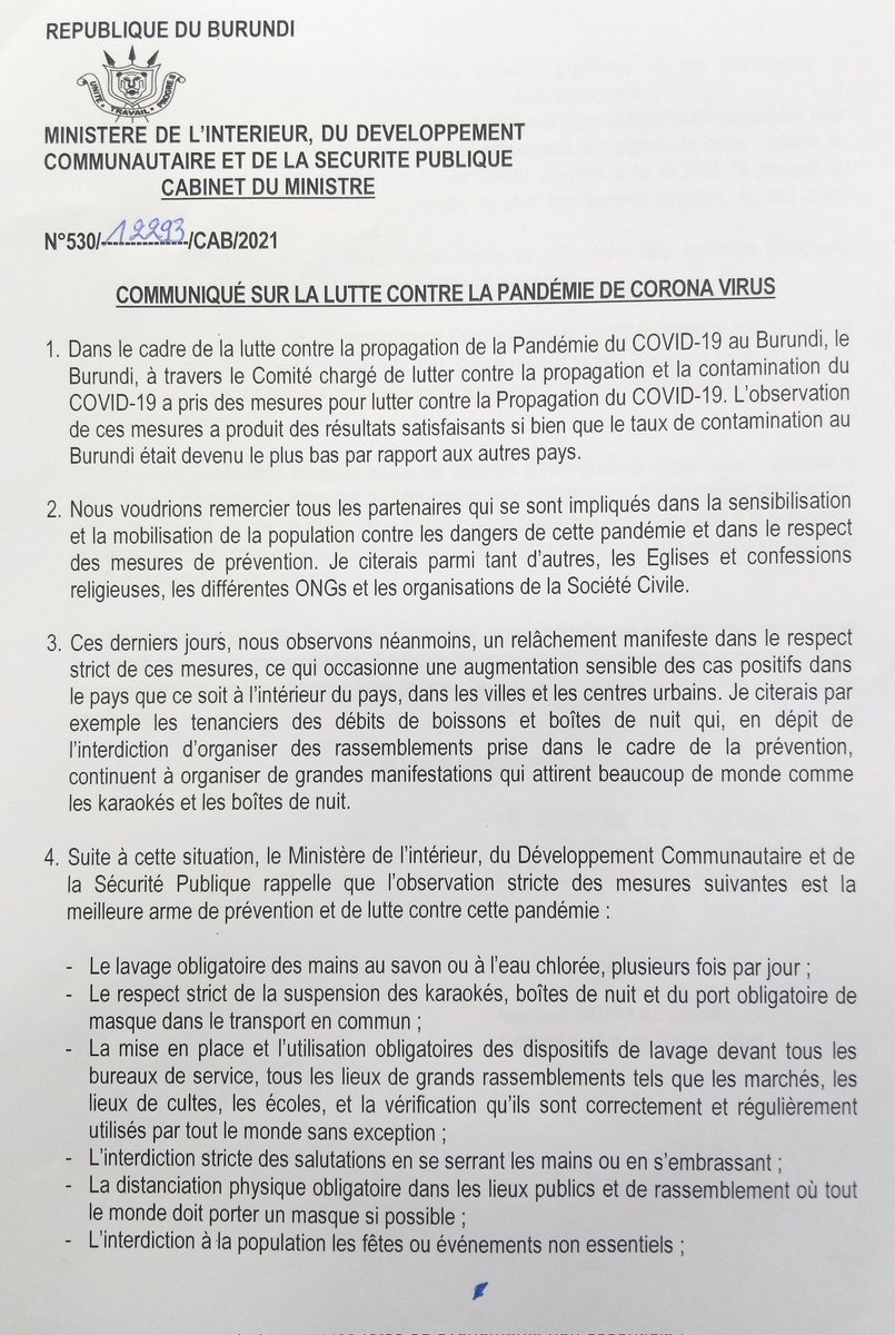 MininterInfosBi's tweet photo. Face à la hausse des cas positifs du #COVID-19 ces derniers jours, @MininterInfosBi rappelle le strict respect des mesures du Gouvernement contre cette pandémie et met en garde les contrevenants (communiqué) https://t.co/R16IbGa4qJ
