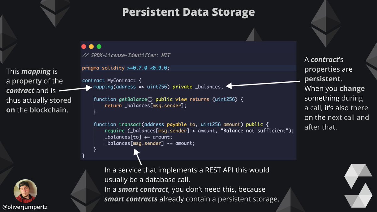 oliverjumpertz's tweet photo. 💛 Web 3 - Solidity explained 💛

It's often a little difficult for beginners to understand where the data in your smart contract lives.

A smart contract comes with its own persistent storage, and any property of the contract itself is persisted to the blockchain. ↓ https://t.co/9UT6fzvJUj