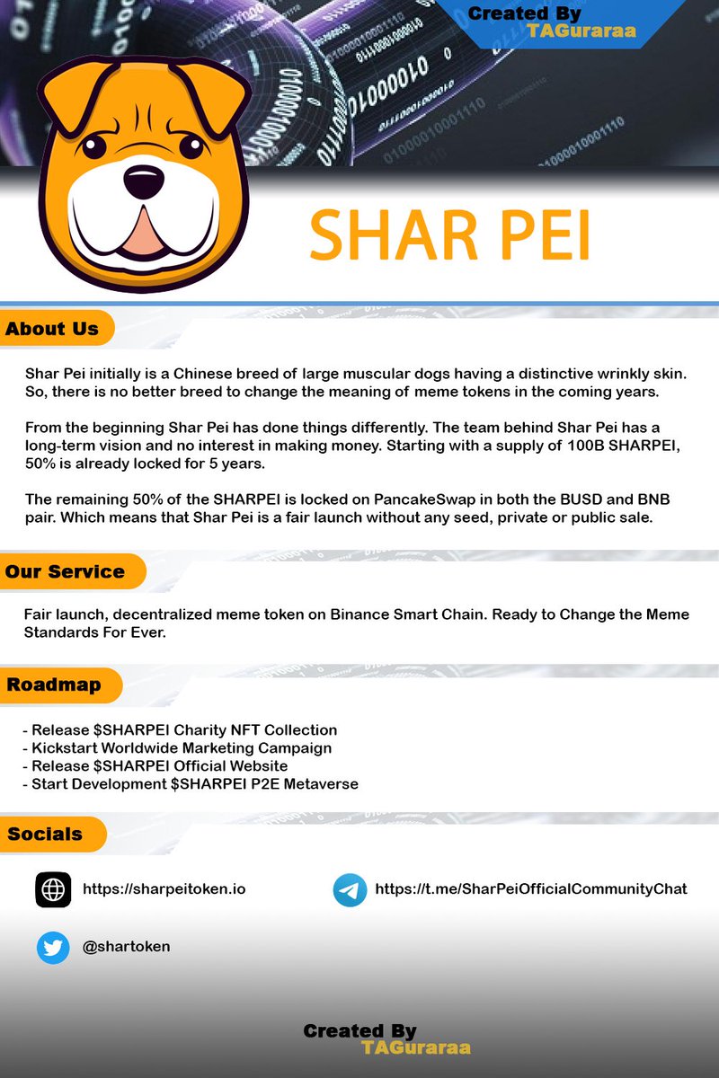 TAGuraraa's tweet photo. As promised! Hereby the promotion flyers for @Sharpei. I must say 'a next level meme coin’👀. View the flyers for more information. And don't forget to like and share the flyers to raise awareness and helps to extend the reach to new partners and investors 🦾 #SHARPEI #DOGE *NFA https://t.co/pZ2DJOp1wS